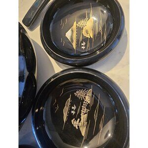 Vintage Black Lacquer‎ Wood 9 Piece Japan Handpainted Salad Bowl Set Mt. Fuji